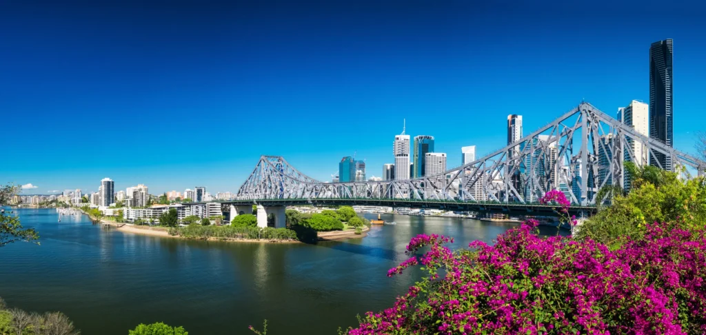 Panoramic view of Brisbane Skyline with Story Bridge and the river.