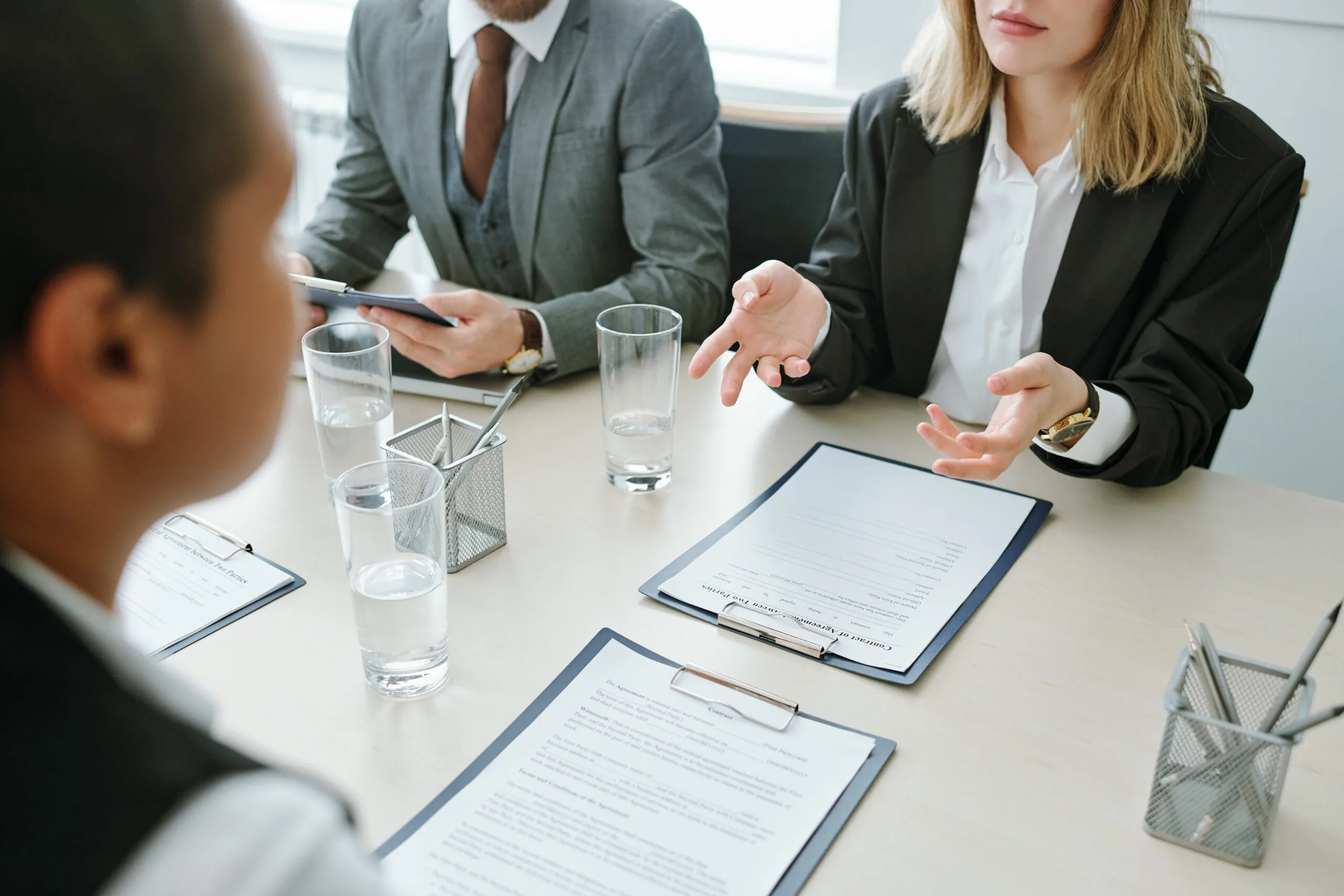 Businesswoman in formalwear over contract or financial documents in clipboard during explanation of ideas to colleague