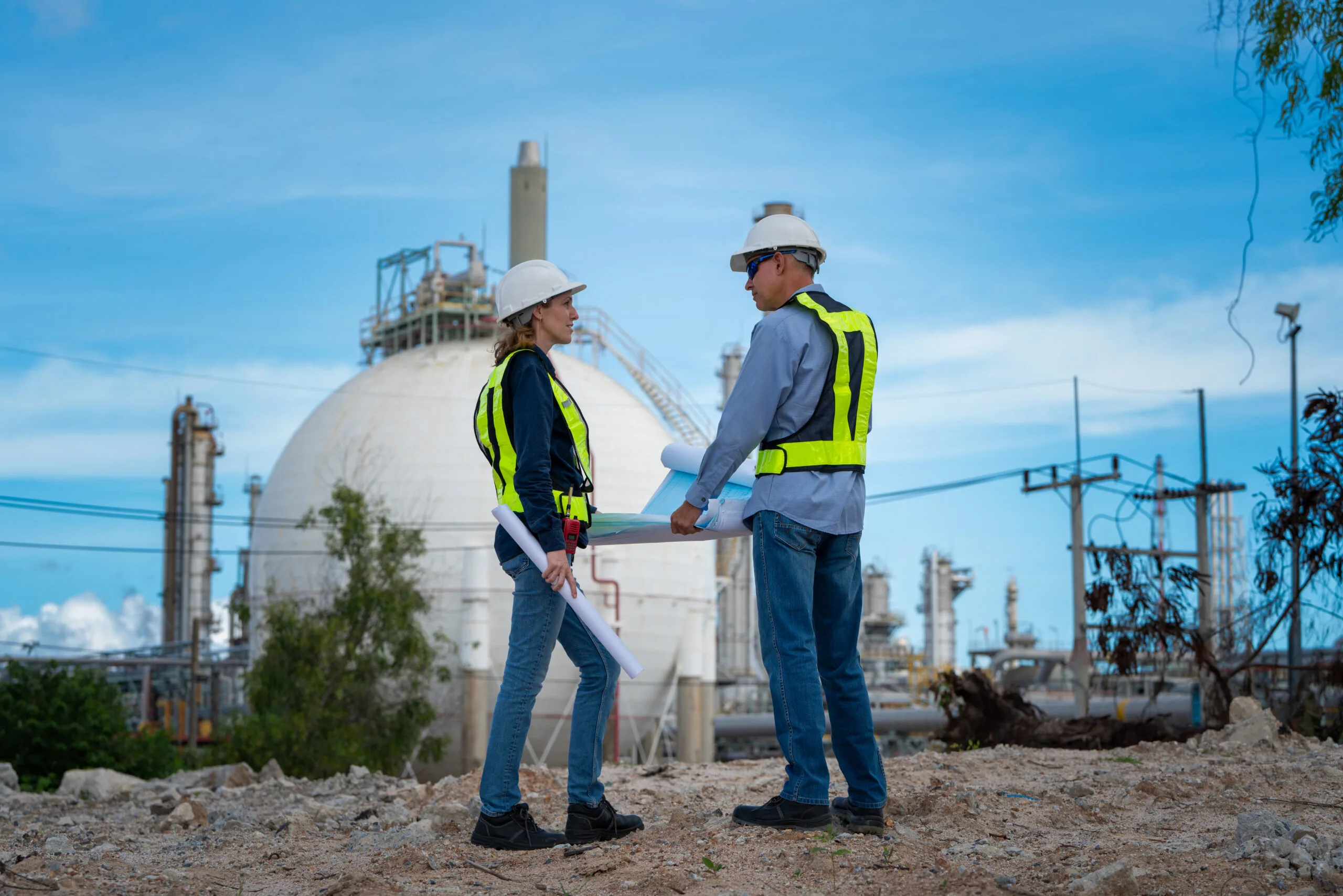 Team Petroleum chemical engineer discussion about blueprint drawings inside Oil Refinery